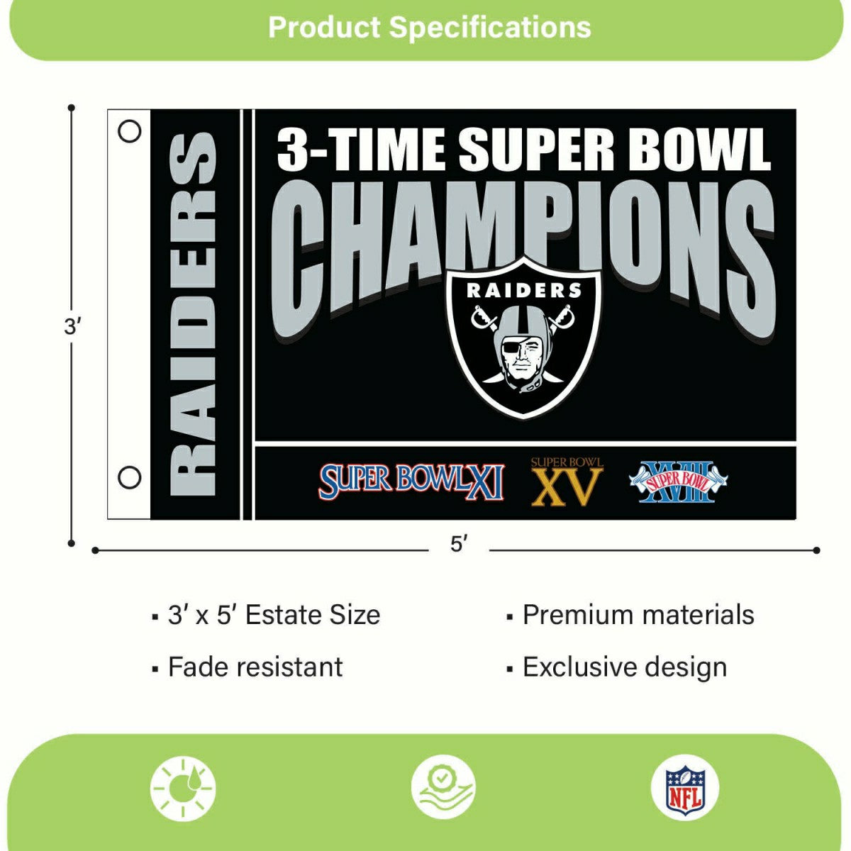 Las Vegas Raiders Multi-Win Superbowl Champions Football 3x5 Flag - NFL Home