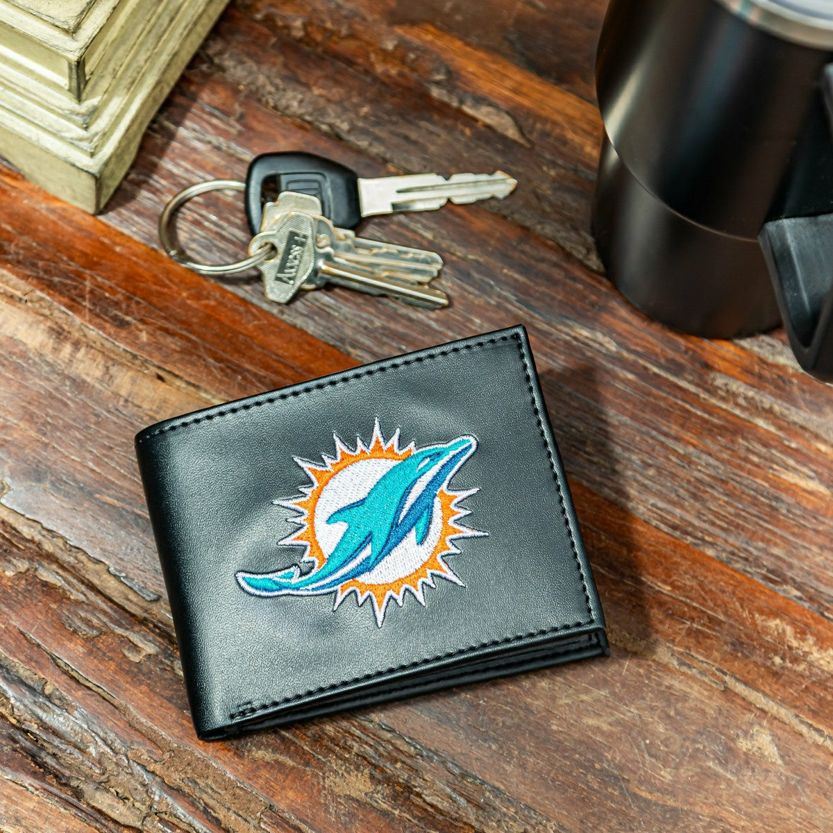 Miami Dolphins Black Bi-Fold Embroidered Wallet w/ RFID Blocking - NFL Home