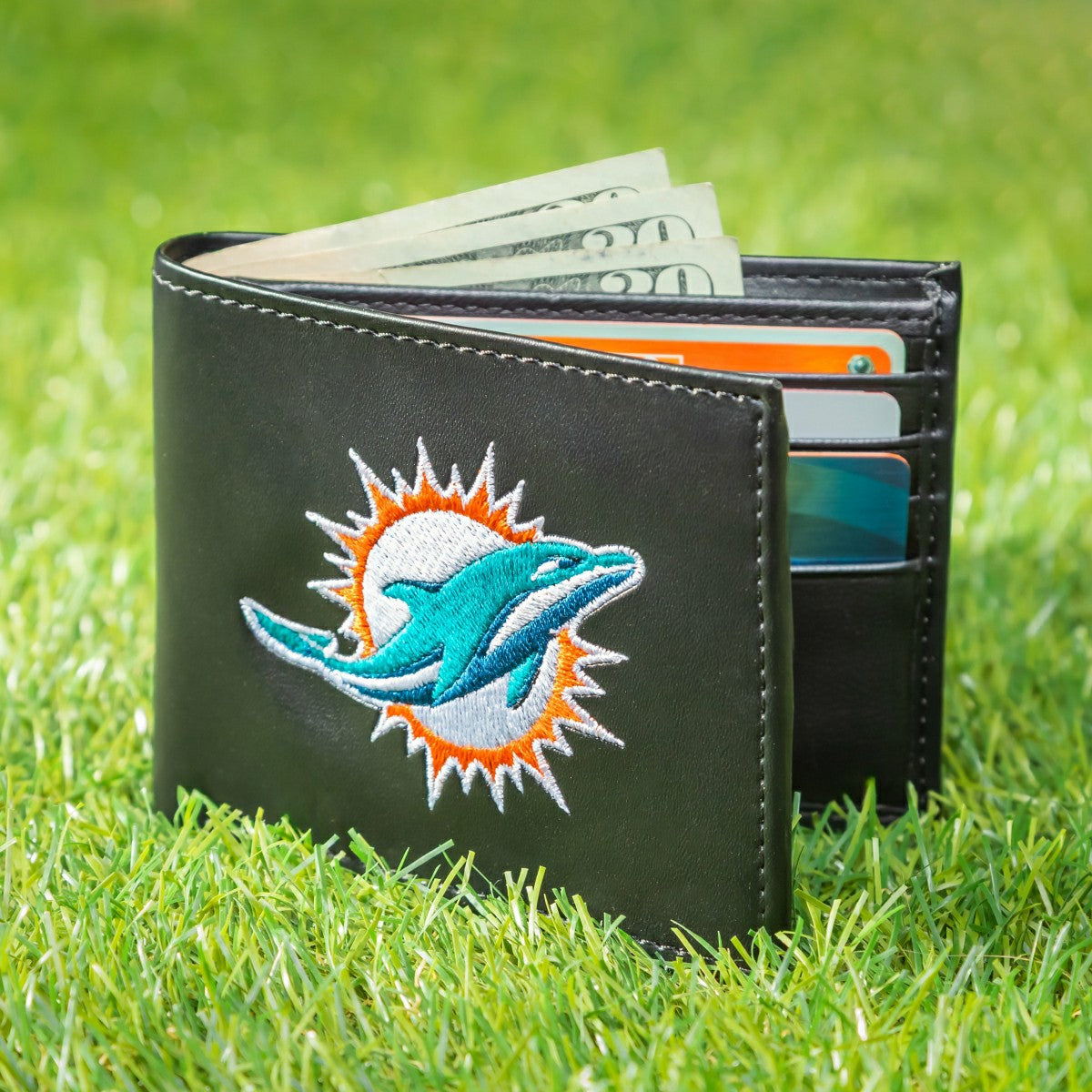 Miami Dolphins Black Bi-Fold Embroidered Wallet w/ RFID Blocking - NFL Home