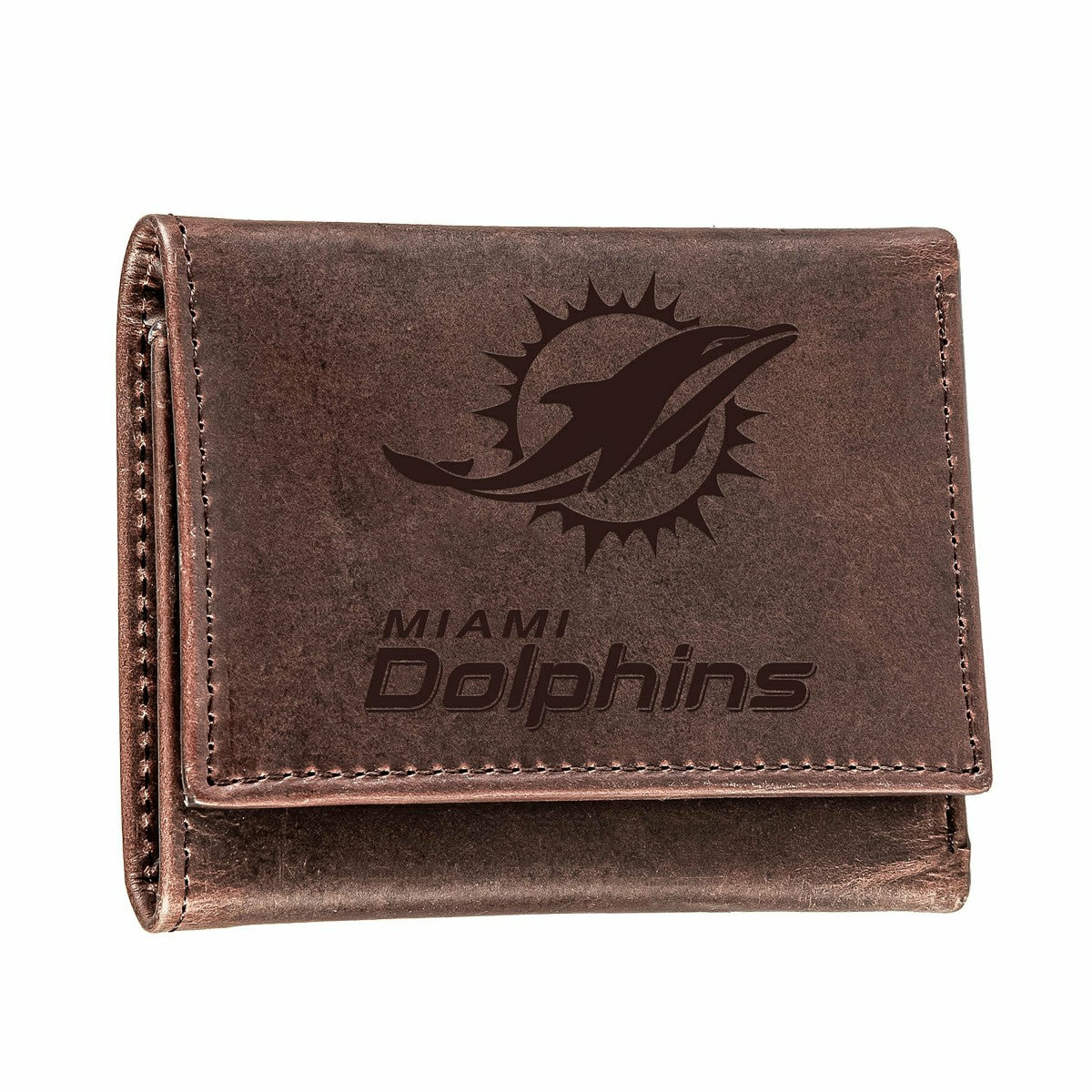 Miami Dolphins, Tri-Fold Wallet, Brown, CH, 100% Genuine Leather - NFL Home