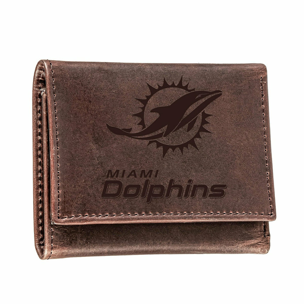 Miami Dolphins, Tri-Fold Wallet, Brown, CH, 100% Genuine Leather - NFL Home