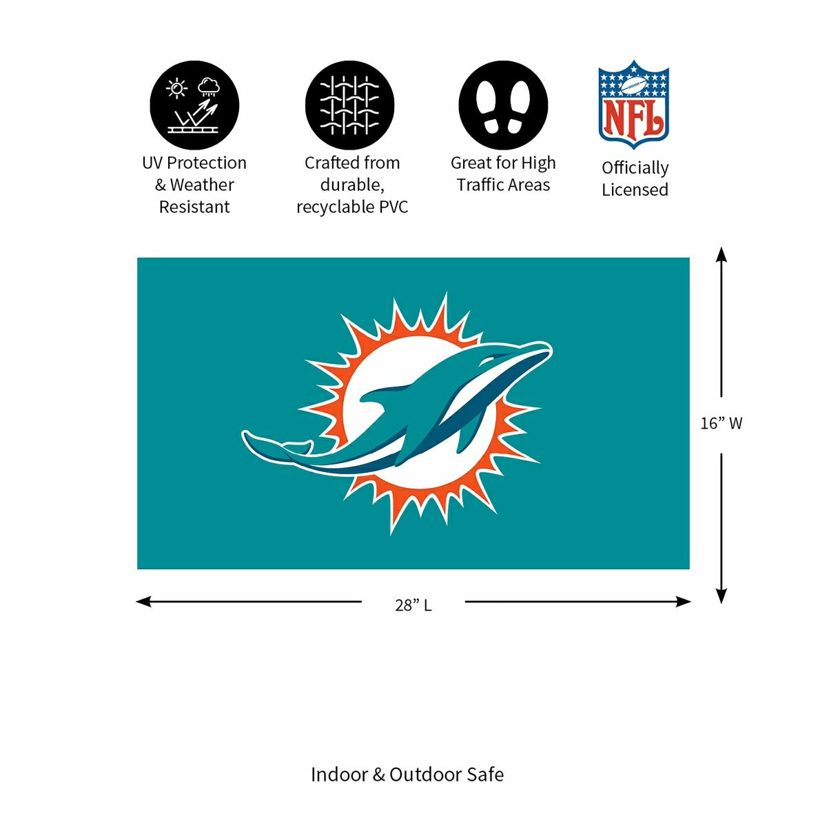 Full Color PVC Mat, 16" x 28", Miami Dolphins - NFL