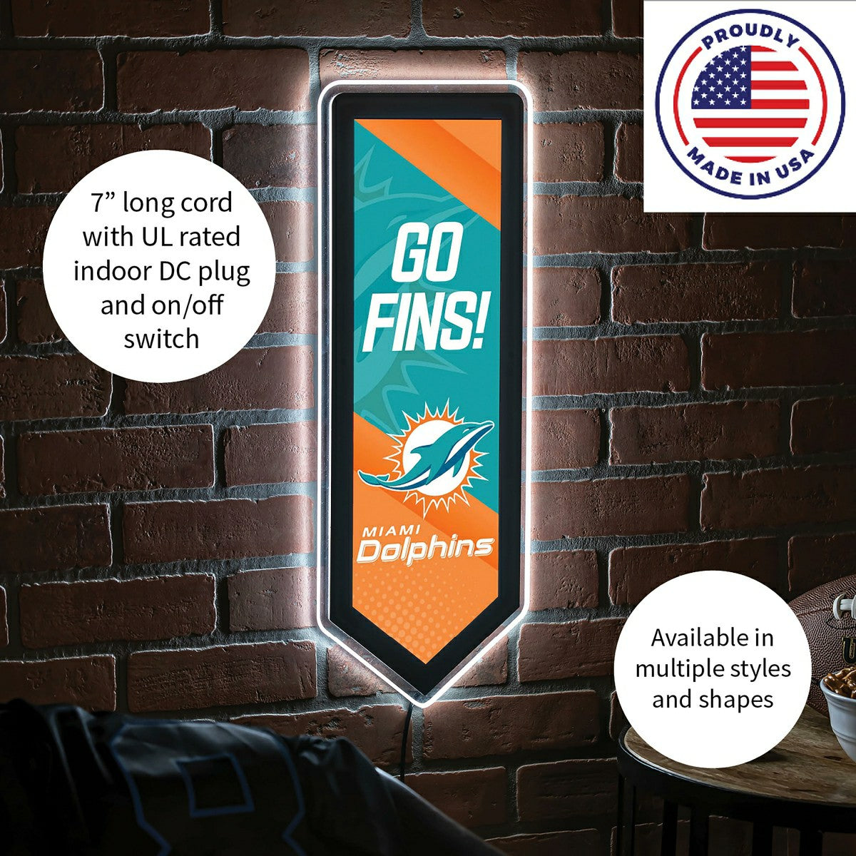 LED Wall Decor, Pennant, Miami Dolphins - NFL Home