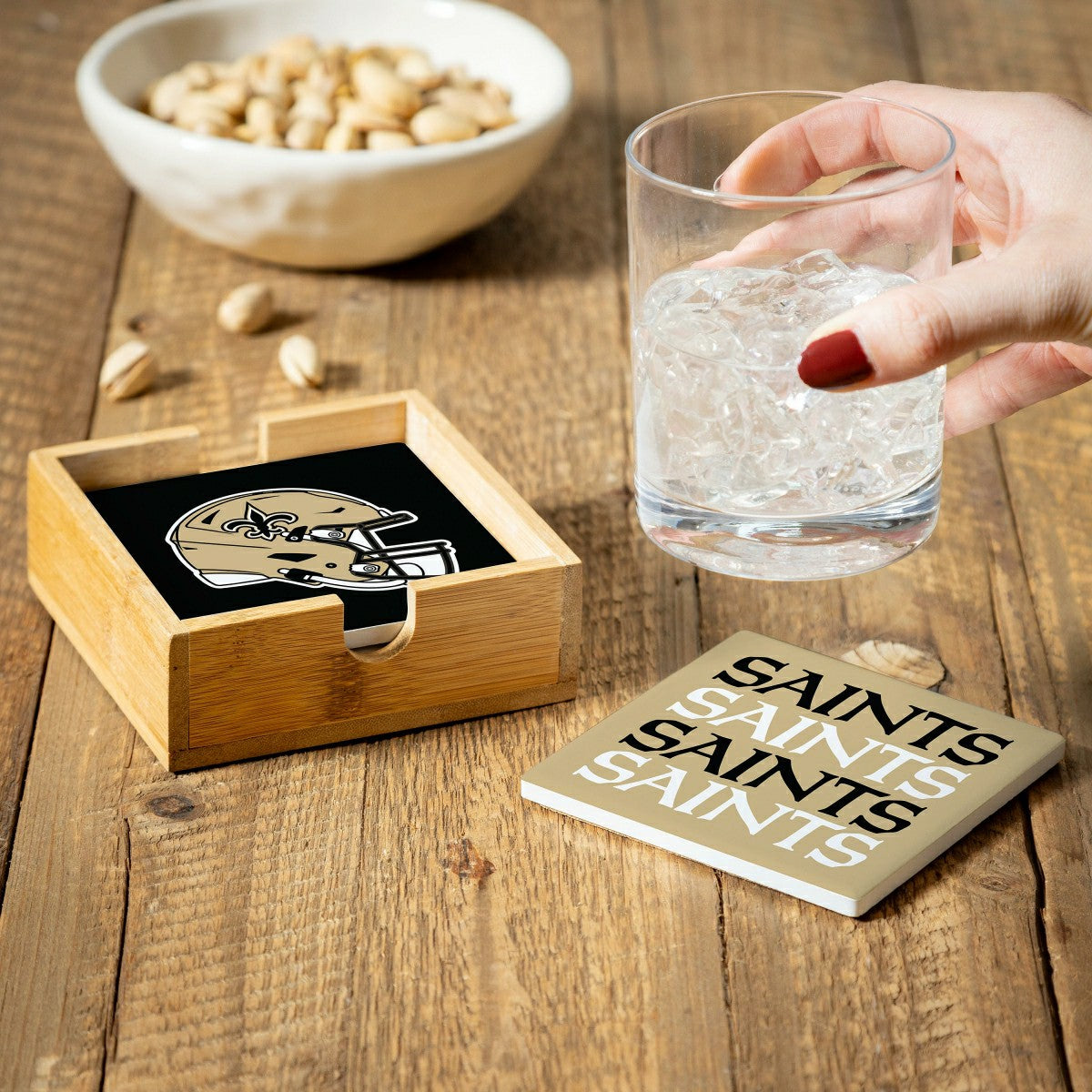 New Orleans Saints Ceramic Coasters Set, 4pcs with Wood Caddy - NFL