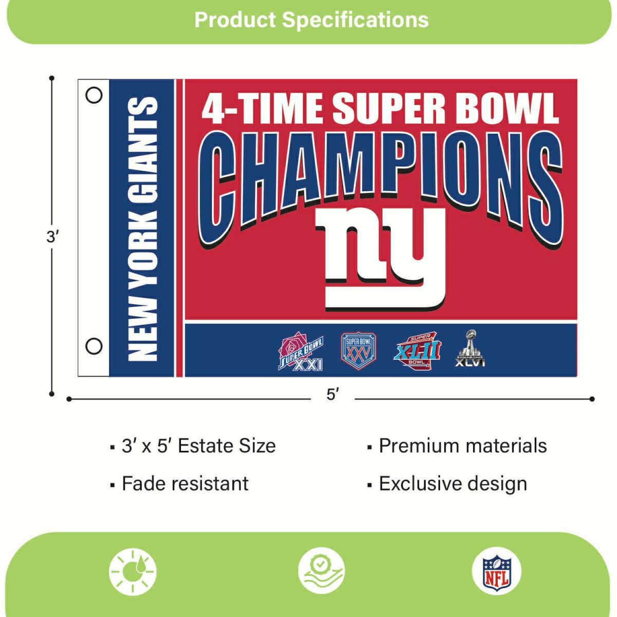 New York Giants 6X Superbowl Champions Football 3x5 Flag - NFL Home