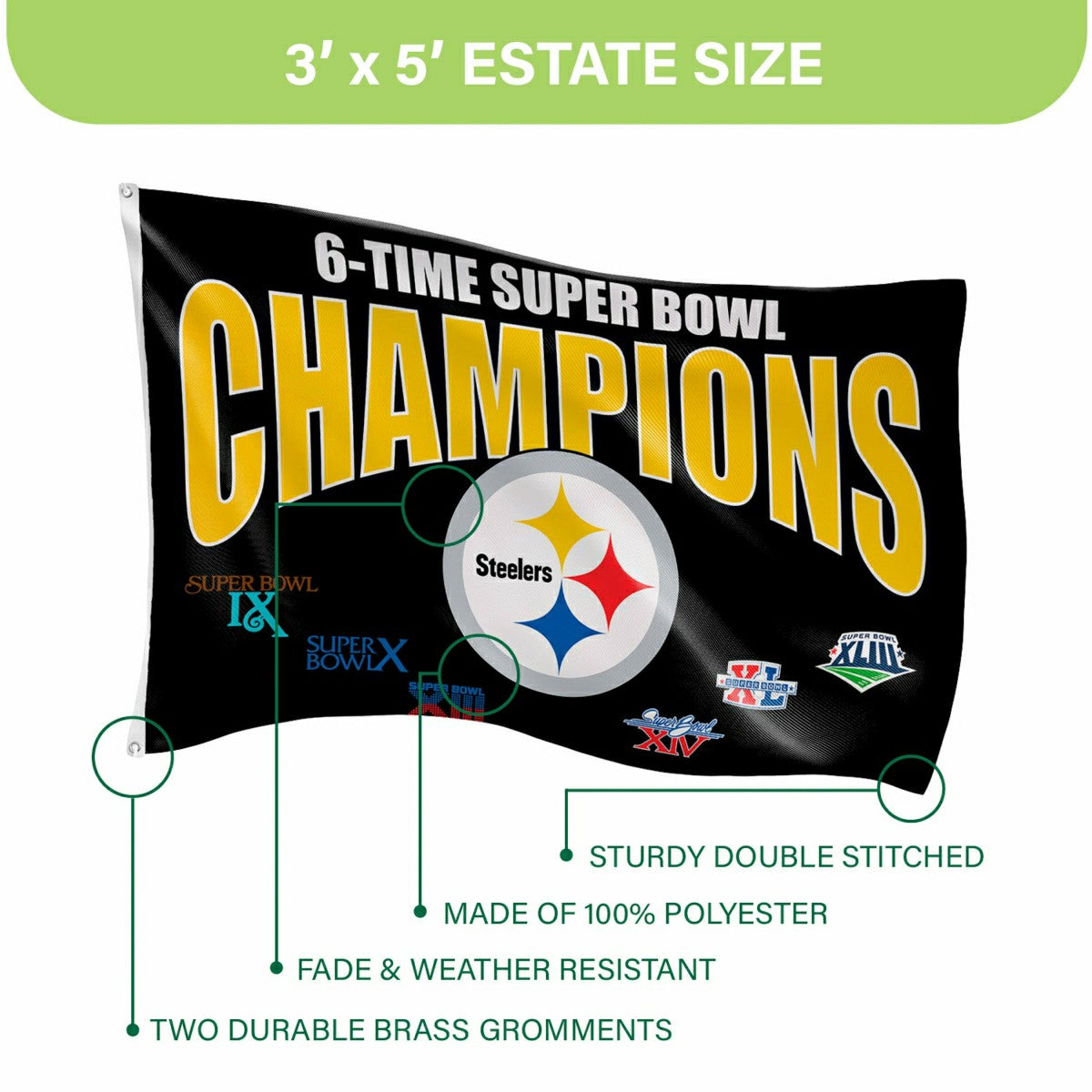 Pittsburgh Steelers 6X Superbowl Champions Football 3x5 Flag - NFL Home
