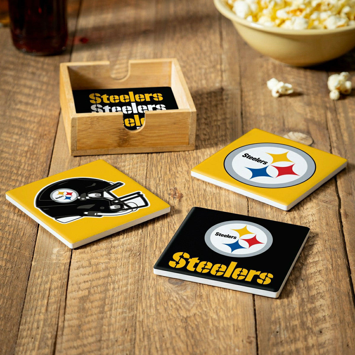 Pittsburgh Steelers Ceramic Coasters Set, 4pcs with Wood Caddy - NFL