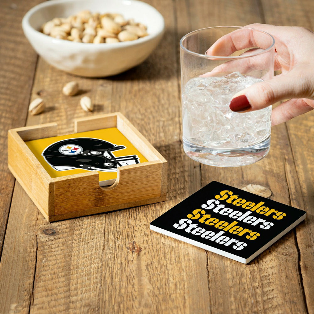 Pittsburgh Steelers Ceramic Coasters Set, 4pcs with Wood Caddy - NFL