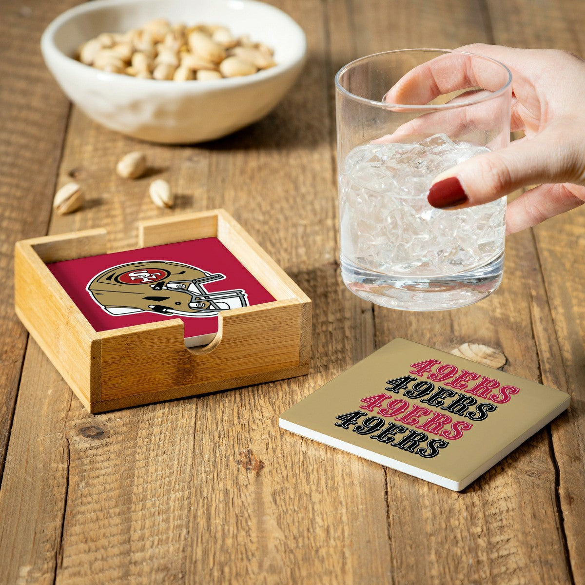 San Francisco 49ers Ceramic Coasters Set, 4pcs with Wood Caddy - NFL