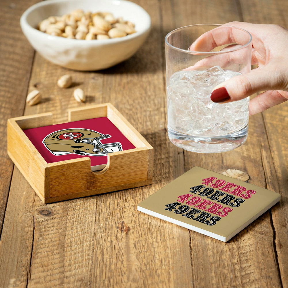 San Francisco 49ers Ceramic Coasters Set, 4pcs with Wood Caddy - NFL