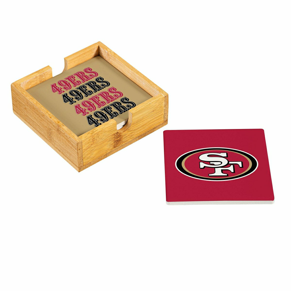 San Francisco 49ers Ceramic Coasters Set, 4pcs with Wood Caddy - NFL