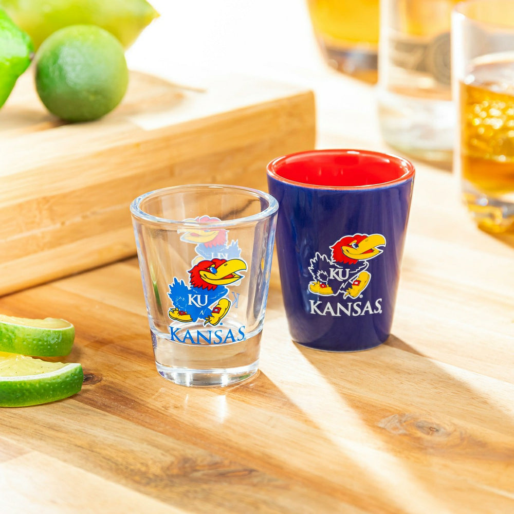 University of Kansas 4-Piece Ceramic and Glass 2oz. Shot Glass Set - Home Collegiate