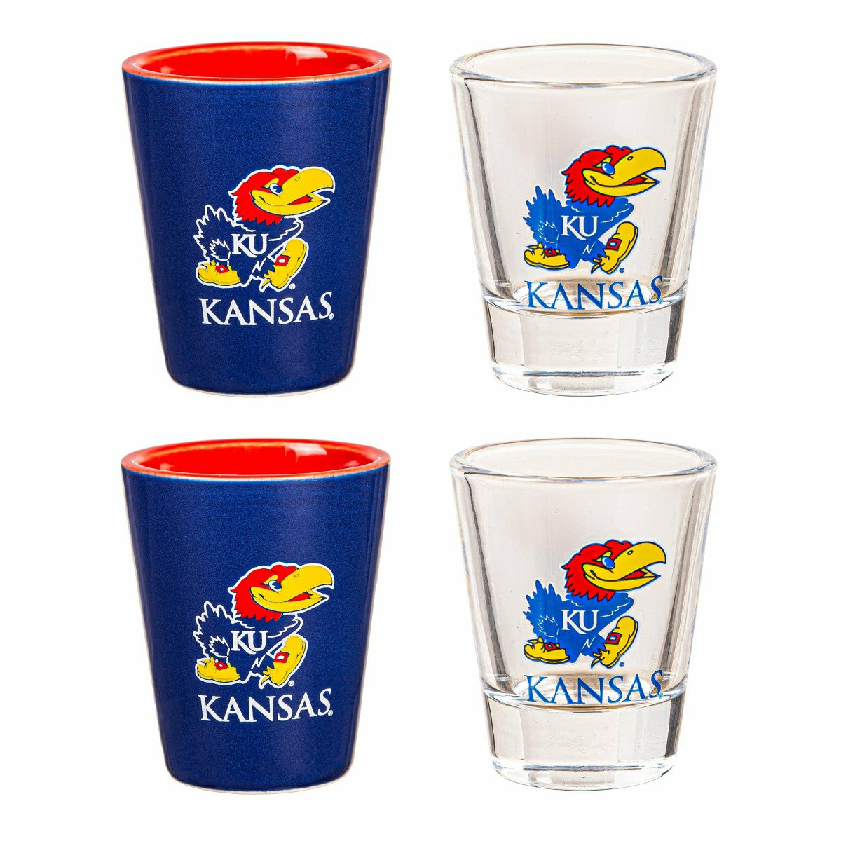 University of Kansas 4-Piece Ceramic and Glass 2oz. Shot Glass Set - Home Collegiate