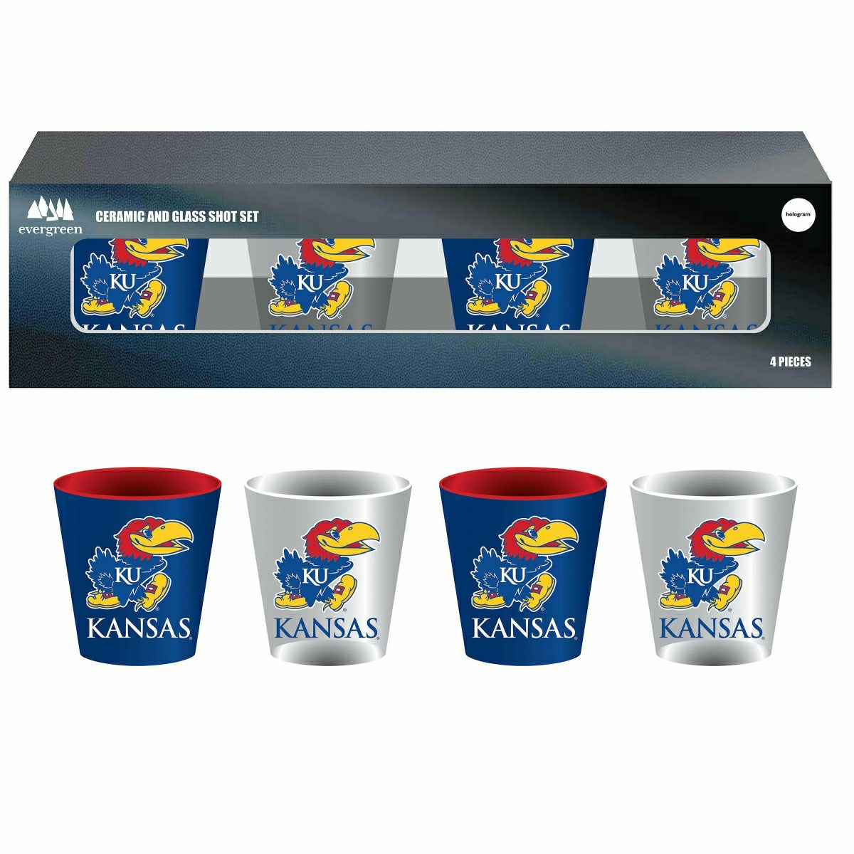 University of Kansas 4-Piece Ceramic and Glass 2oz. Shot Glass Set - Home Collegiate