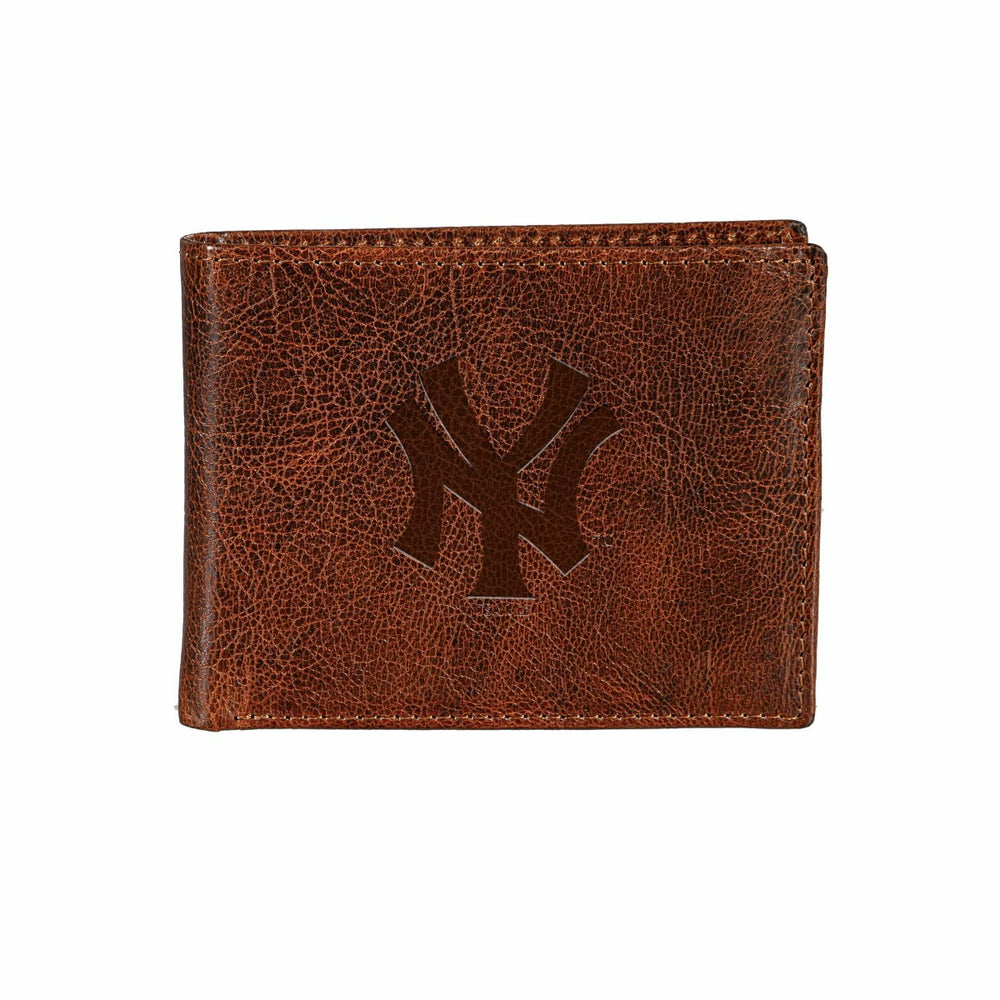 NY Yankees, Embossed 100% Genuine Tumbled Leather Passcase Bi-Fold Wal - MLB Home