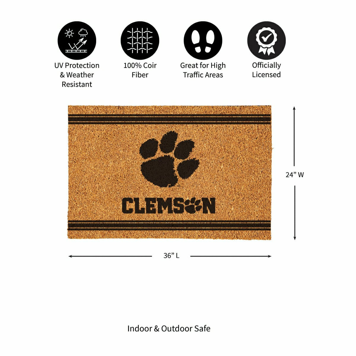 Clemson University Large One Color Coir Mat, 36"x24" - Collegiate