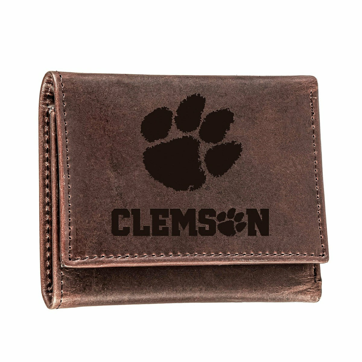 Clemson University, Tri-Fold Wallet, Brown, CH, 100% Genuine Leather - Collegiate Home