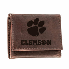 Clemson University, Tri-Fold Wallet, Brown, CH, 100% Genuine Leather - Collegiate Home