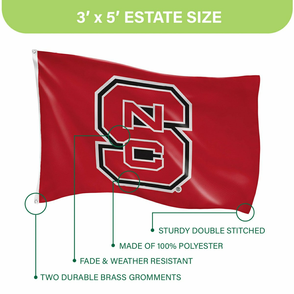 North Carolina State University Single Sided Flag w/ 2 Grommets, 3'x5' - Collegiate Home
