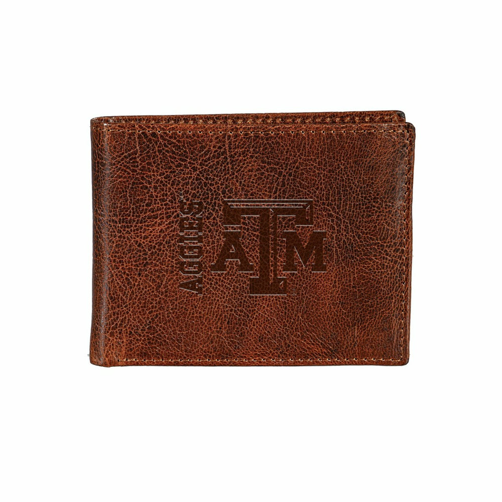 Texas A&M, Embossed 100% Genuine Tumbled Leather Passcase Bi-Fold Wall - Collegiate Home