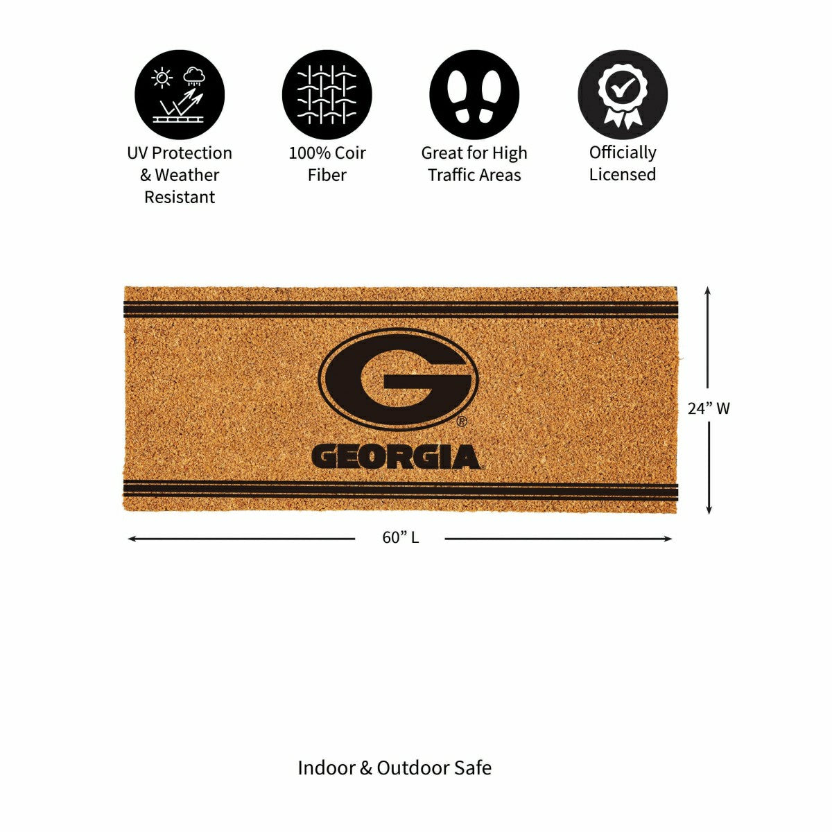 University of Georgia Extra Large One Color Coir Mat, 60"x24" - Collegiate