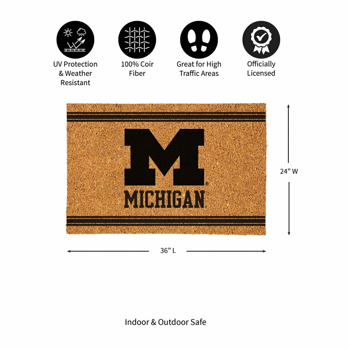 University Of Michigan Large One Color Coir Mat, 36"x24" - Collegiate