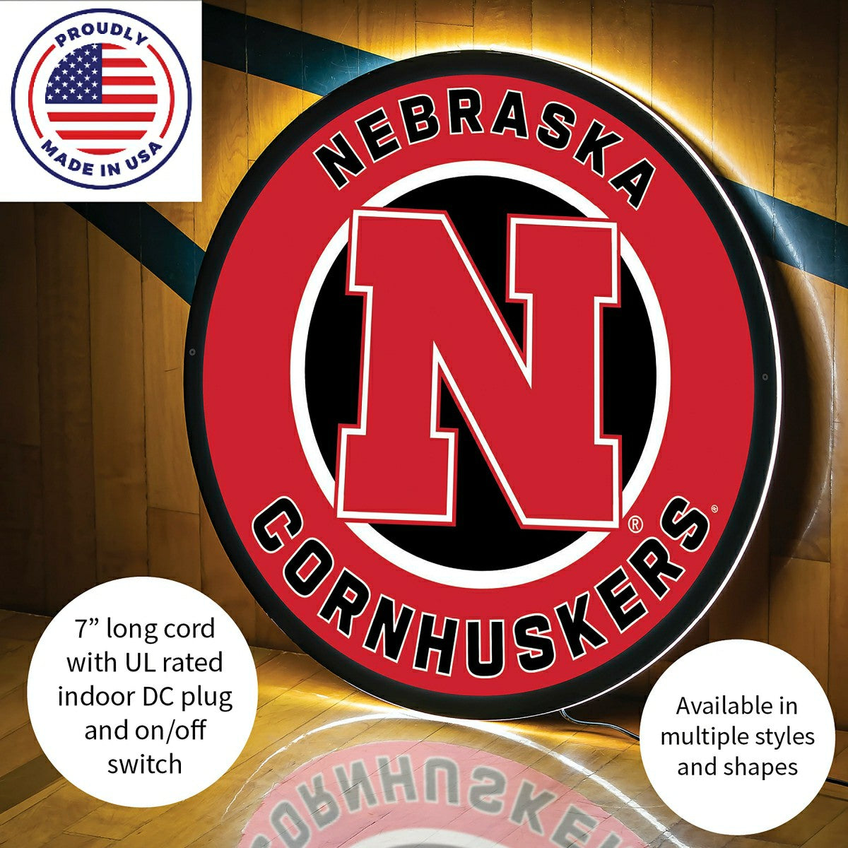 LED Wall Decor, Round, University of Nebraska - Collegiate Home