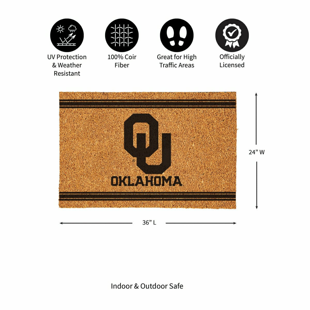 University of Oklahoma Large One Color Coir Mat, 36"x24" - Collegiate