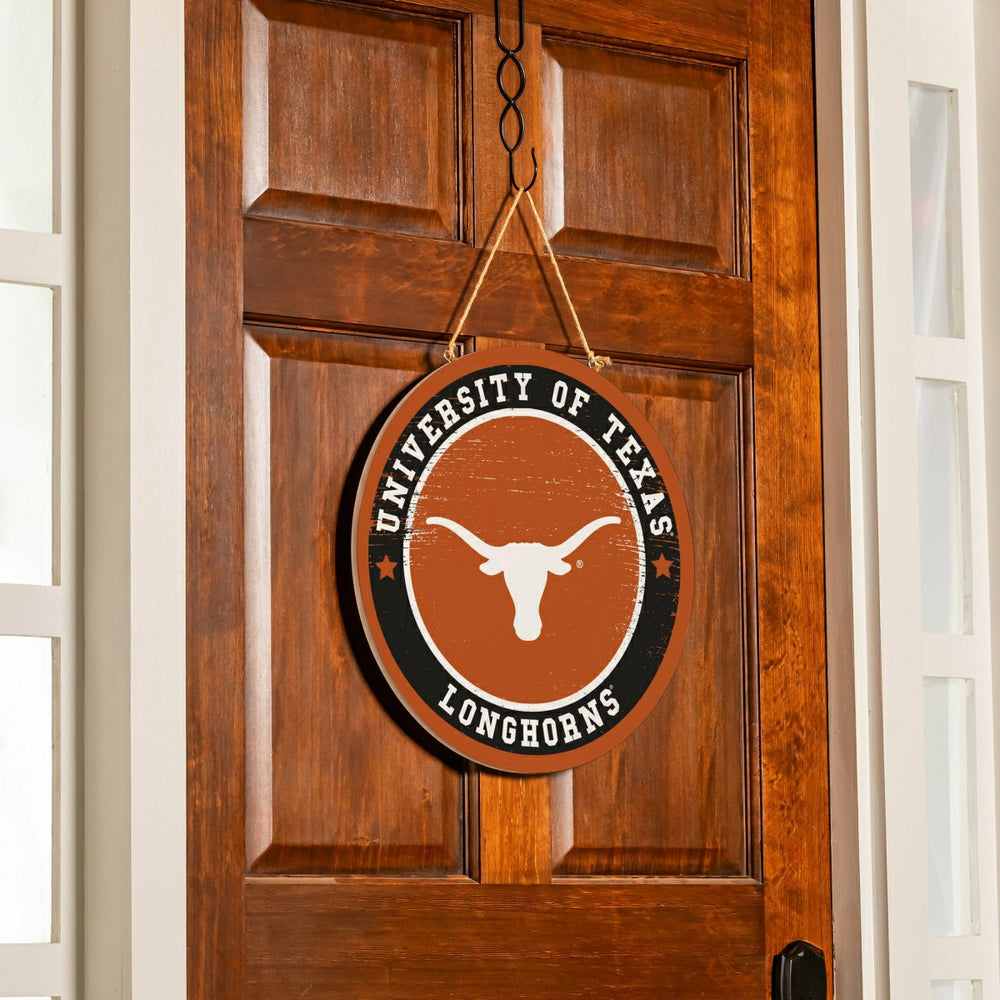 University of Texas Round Door Décor with Hanging Rope, 18x18 - Collegiate Home