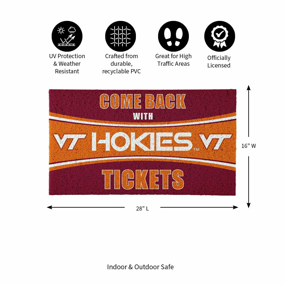 28" x 16" PVC Trapper Mat, Come Back with Tickets, Virginia Tech - Collegiate