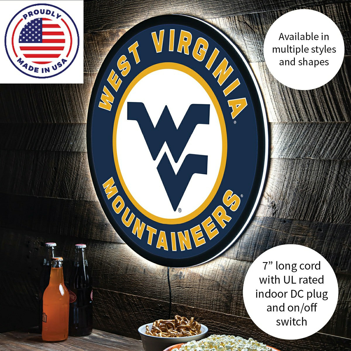 LED Wall Decor, Round, West Virginia University - Collegiate Home