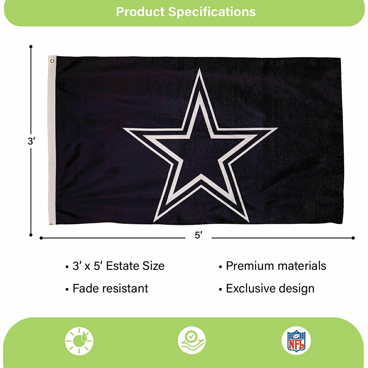 Dallas Cowboys Single Sided Estate Flag with 2 Grommets, 3'x5' - NFL Home
