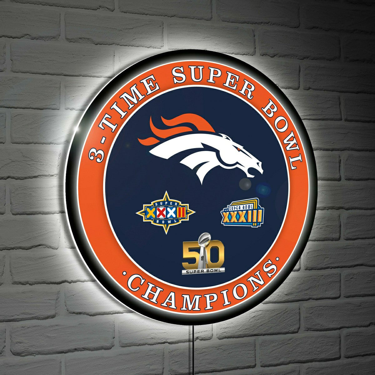 Denver Broncos 3X Superbowl Champions Football Round LED Wall Decor - NFL Home