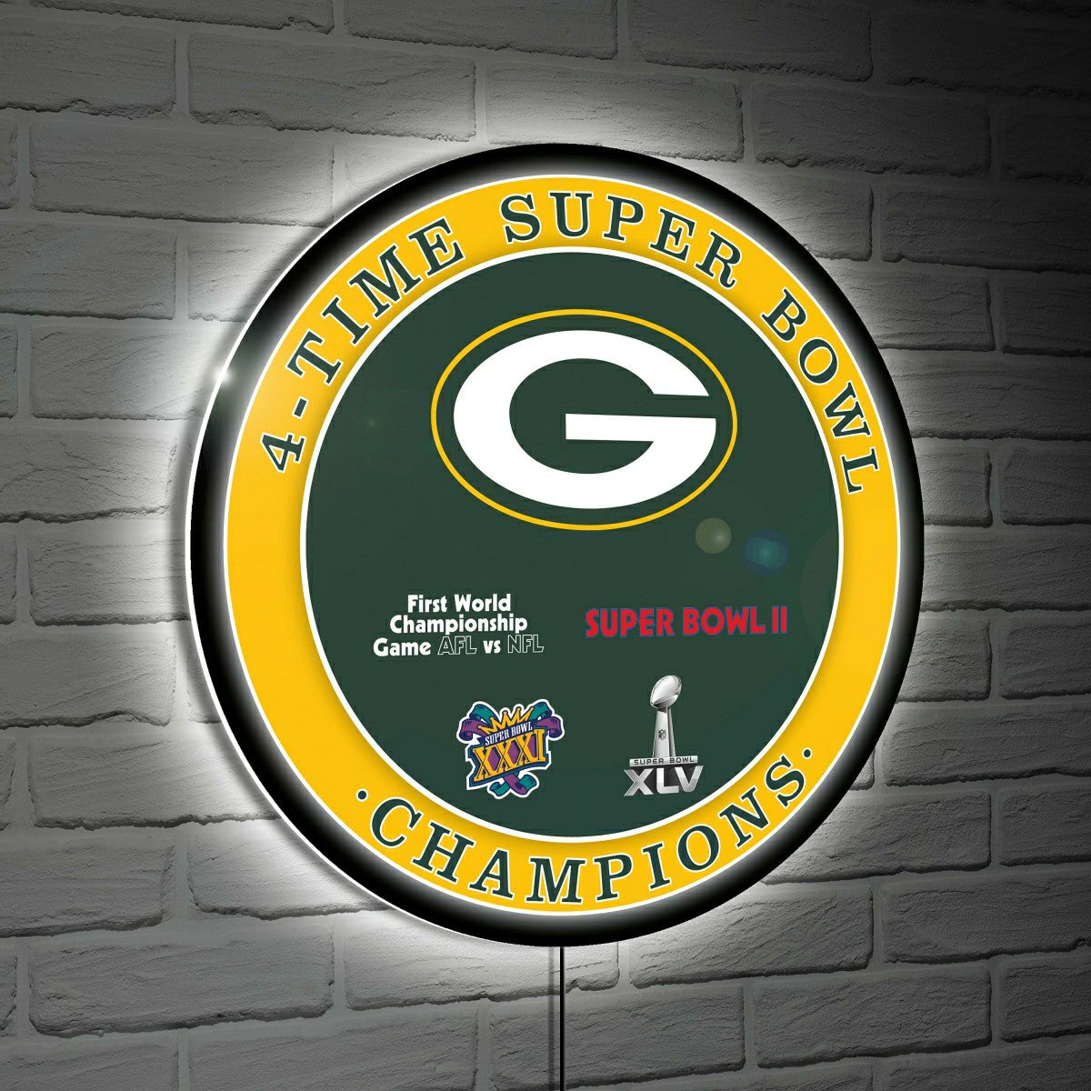 Green Bay Packers 4X Superbowl Champions Football Round LED Wall Decor - NFL Home