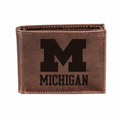 University of Michigan, Bi-Fold Wallet, Brown, CH, 100% Genuine Leathe - Collegiate Home