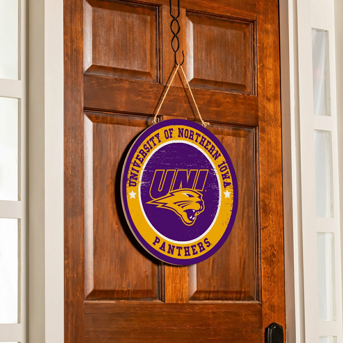 University of Northern Iowa Round Door Décor with Hanging Rope, 18x18 - Home
