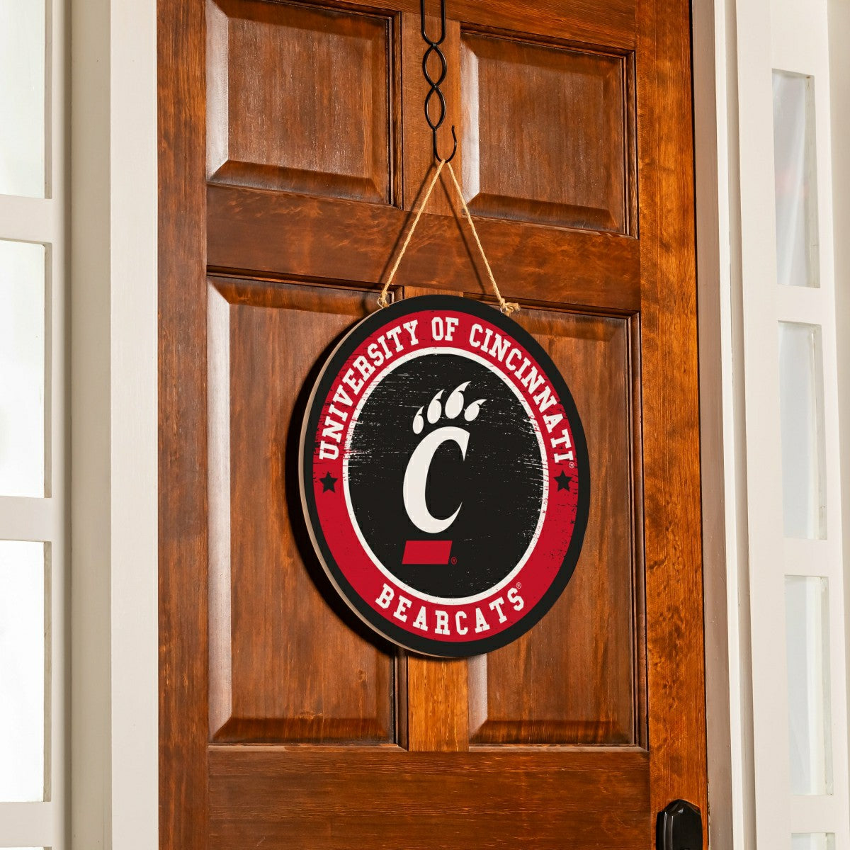 University of Cincinnati Round Door Décor with Hanging Rope, 18x18 - Home