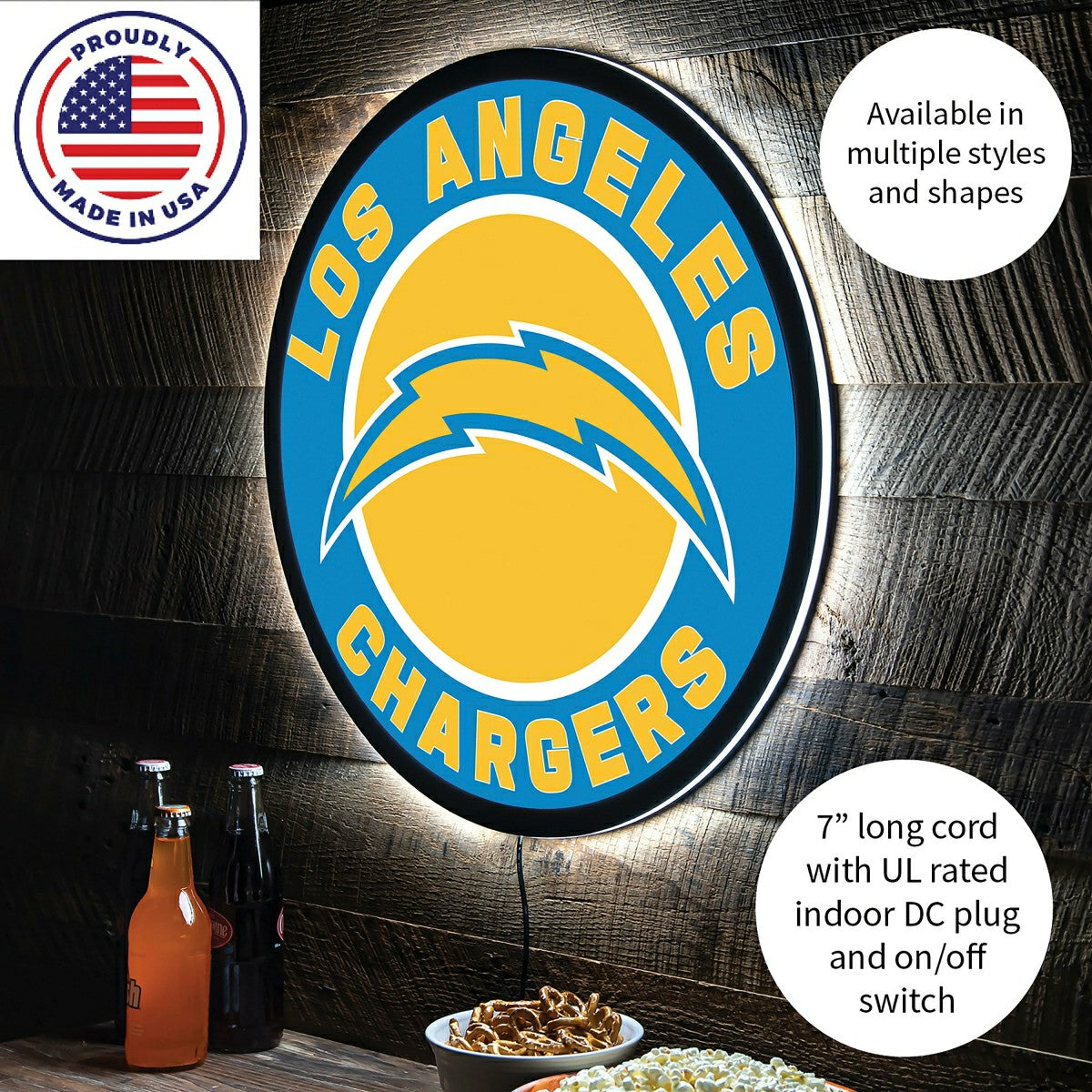 LED Wall Decor, Round, Los Angeles Chargers - Home